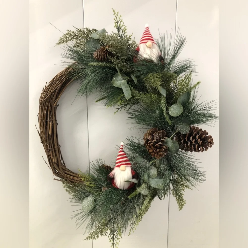 Handmade Grapevine Gnome Wreath Faux Evergreens Pinecone Flocked Snow Christmas